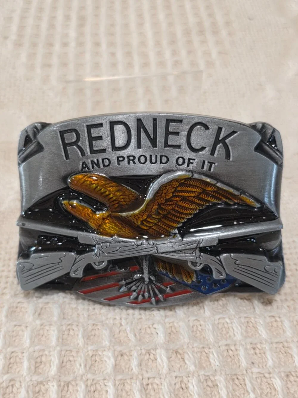 Vintage REDNECK AND PROUD OF IT American Eagle Rifles Flag 3D NOS Belt Buckle